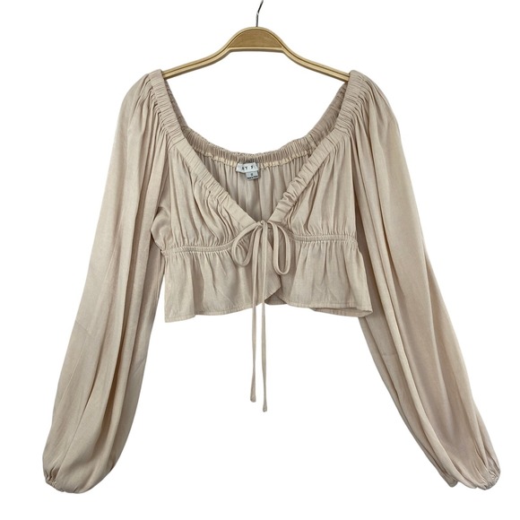 Hyfve Women Boho Babydoll Fairy Top Long Sleeve S Beige Crop Peasant Smocked - Picture 2 of 10